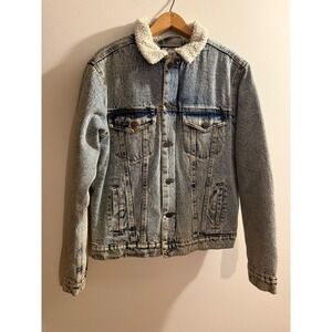 Refinery Republic Mens Acid Wash Denim Sherpa Lined Trucker Jacket Blue Medium